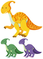 Three parasaurolophus in different colors