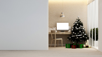 workplace with Christmas Tree and gift box in home or apartment - Interior design - 3D Rendering