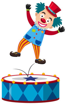 Happy clown jumping on big drum
