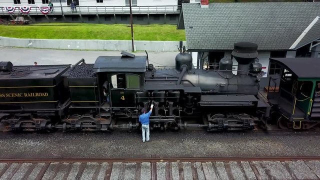 Aerial View Of Shay Train Number 4 At The Station In Cass Scenic Railroad State Park, West Virginia, WV.