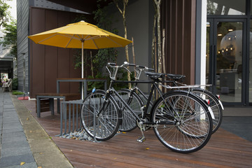 vintage bicycles in front of a cafe