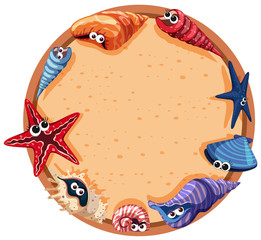 Round frame design with seashells and starfish