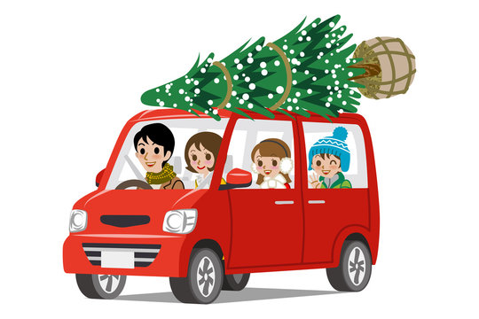 Car loading Christmas tree on the roof - Cartoon family