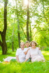 Fototapeta premium Portrait of an elderly couple with her grandson on a picnic outdoors