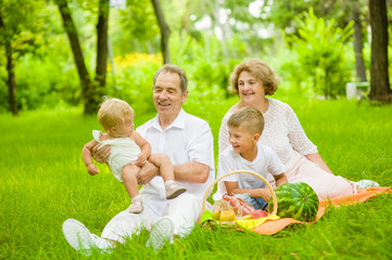 Happy family picnic. Grandfather throws up baby in the air in nature