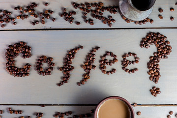 Coffee Inscription. Word Coffee on The Table near Cup. Flat Lay.