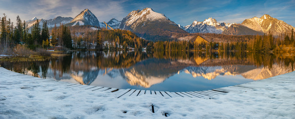panorama of a mountain lake in winter scenery, Strbske Pleso, Slovakia, High Tatras