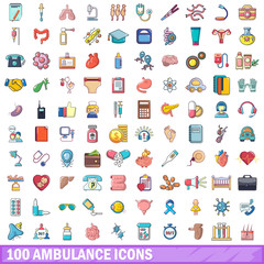 100 ambulance icons set, cartoon style 