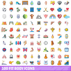 100 fit body icons set, cartoon style 