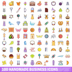 100 handmade business icons set, cartoon style 