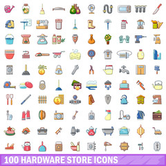 100 hardware store icons set, cartoon style 
