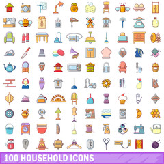 100 household icons set, cartoon style 
