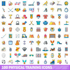 100 physical training icons set, cartoon style 