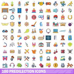 100 predilection icons set, cartoon style 