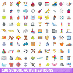 100 school activities icons set, cartoon style 