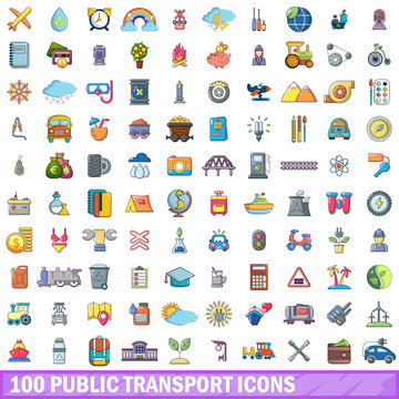 100 public transport icons set, cartoon style 