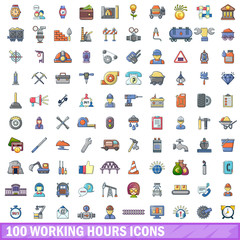 100 working hours icons set, cartoon style 