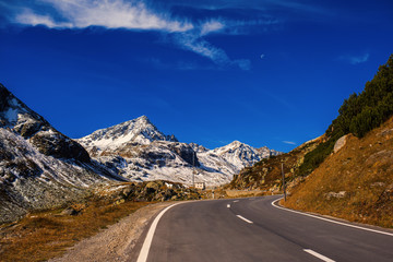 Landscape of the Swiss Alps and forest of national parc in Switzerland. Alps of Switzerland on autumn. Fluela pass road. . Swiss canton of Graubunden.  Val Müstair Region