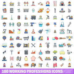 Fototapeta premium 100 working professions icons set, cartoon style 