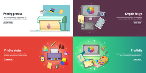 Creative process, graphic design or web design development banners set and printed materials vector illustration