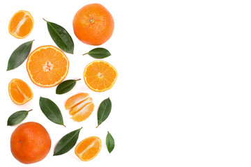 orange or tangerine with leaves isolated on white background with copy space for your text. Flat lay, top view