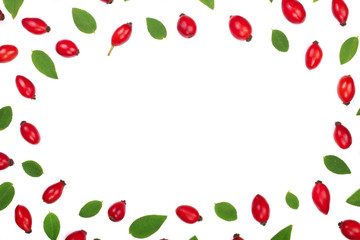 rosehip berries isolated on white background with copy space for your text. Flat lay pattern. Top view