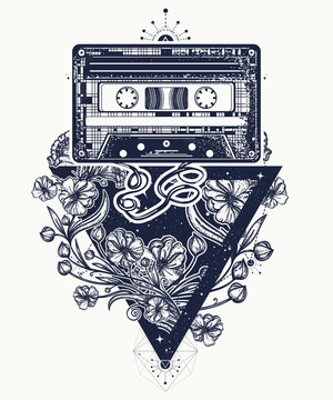 Audio cassette and graceful flowers in mystical triangle tattoo and t-shirt  design. Symbol of retro music, nostalgia, 80th and 90th. Old audio cassette  and music notes, symbol of pop music, disco Stock