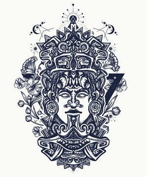 Mayan tattoo and t-shirt design. Indian mayan carved in stone tattoo art. Ancient aztec totem and art nouveau flowers, Mexican god. Ancient Mayan civilization