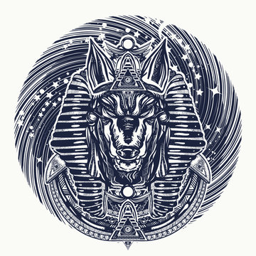 Anubis and universe tattoo and t-shirt design. Ancient Egypt Anubis, god of war, Golden Mask of the Pharaoh, symbol of next world, kingdom of dead tattoo art