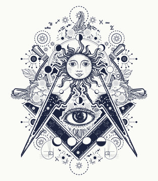 Magic eye t-shirt design. Mysteries of knowledge of mankind. Masonic symbol tattoo and t-shirt design. All seeing eye. Alchemy, medieval religion, occultism, spirituality and esoteric tattoo