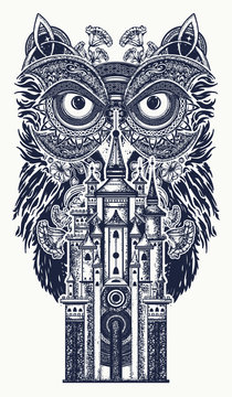 Owl and magic castle tattoo art. Owl and ancient castle in ethnic celtic style t-shirt design. Symbol of wisdom, meditation, thinking, fairy tales