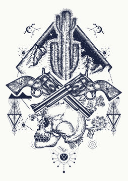 Wild west art. Human skull, mountains, crossed guns, cactus tattoo. Symbol of the wild west, robber, crime Texas t-shirt design