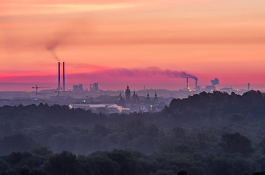 Steel mill and old city, air pollution in Krakow, Poland