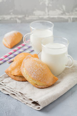 Pasties with cottage cheese and powdered sugar on a gray stone or concrete background. Traditional Russian pastry Sochnik. Selective focus.  Top view.