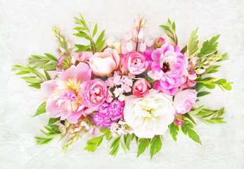 Summer blossoming delicate rose on blooming flowers festive background, pastel and soft bouquet floral card