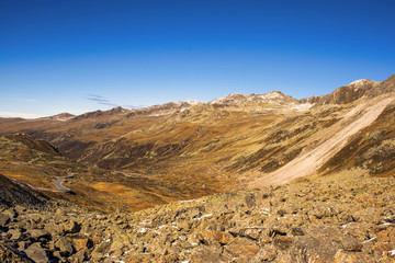 Landscape of the Swiss Alps and forest of national parc in Switzerland. Alps of Switzerland on autumn. Fluela pass road. . Swiss canton of Graubunden.  Val Müstair Region