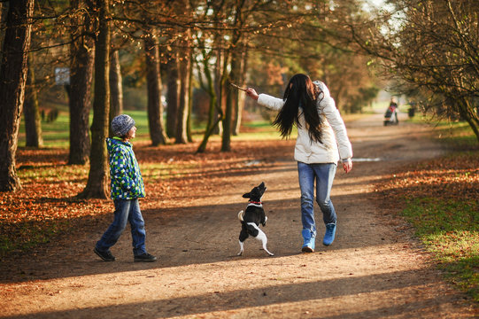 Mother and son walk their pet in the autumn Park.