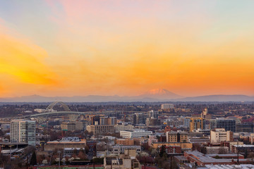 Sunset over Portland OR Cityscape and Mt Saint Helens USA