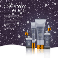 Vector 3D cosmetic illustration on a winter snowing background. Beauty realistic cosmetic product design template.