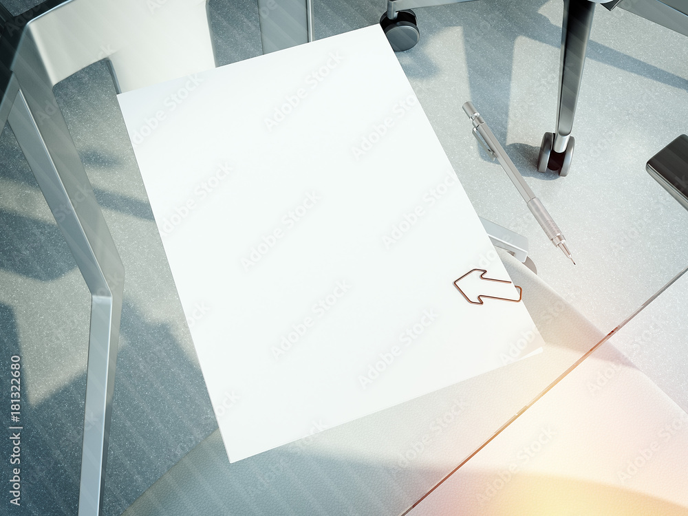 Poster empty sheets of paper on a office table. 3d rendering