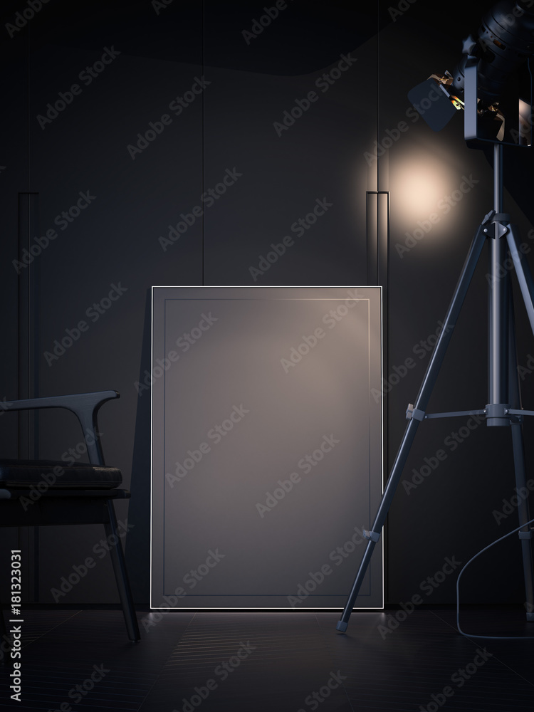 Poster dark interiuor with blank poster and spotlight. 3d rendering