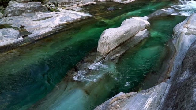 The valley of the Verzasca river with clear water. Lavertezzo, Switzerland.