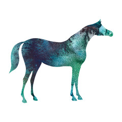 Arabian horse silhouette with watercolor green malachite emerald color texture on white. Hand painted artistic equestrian abstract pattern.