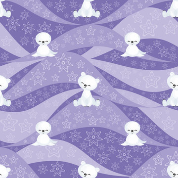 Seamless pattern with the image of the cute polar animals. Vector background.