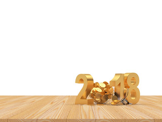 Golden number 2018 and broken Christmas ball full of coins on wooden floor with space for text. 3D illustration