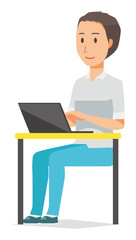 Illustration that a man wearing a short-sleeved shirt is operating a personal computer