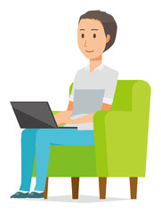 Fototapeta na wymiar Illustration that a man wearing a short sleeve shirt sits on the sofa and is operating a personal computer
