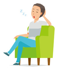 Illustration of a man sleeping on a sofa sleeping on a short sleeve shirt