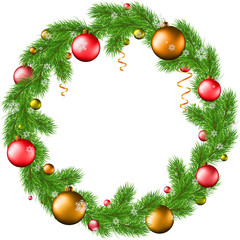 Fototapeta na wymiar christmas tree, vector illustration, tree branches, wreath, balls red