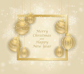 Merry Christmas and Happy New Year. Beautiful gift card with golden balls. Elegant golden background for christmas design. - 181324640